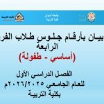 أرقام جلوس طلاب الفرقة الرابعة (أساسي وطفولة) الفصل الدراسي الأول للعام الجامعي 2025/2026